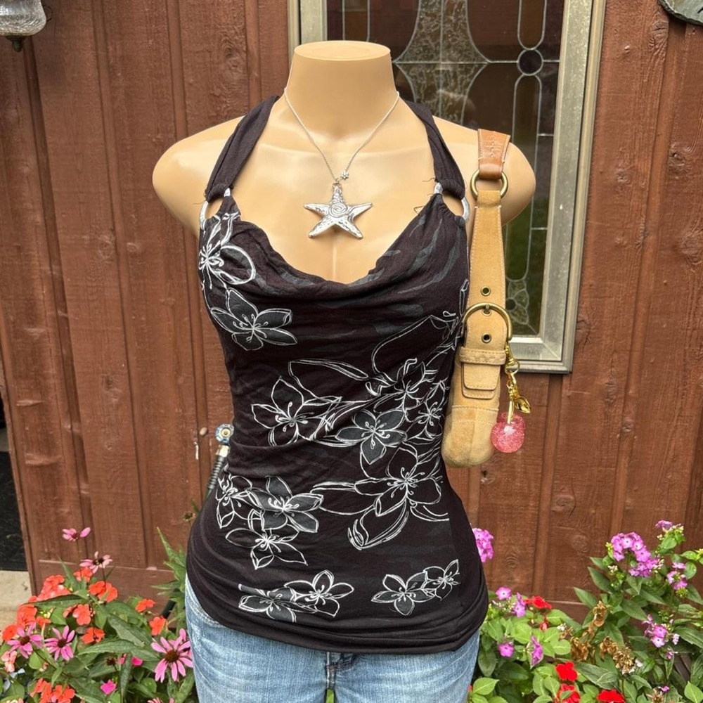 y2k 2000s grunge whimsygoth black floral cowl neck top Size S